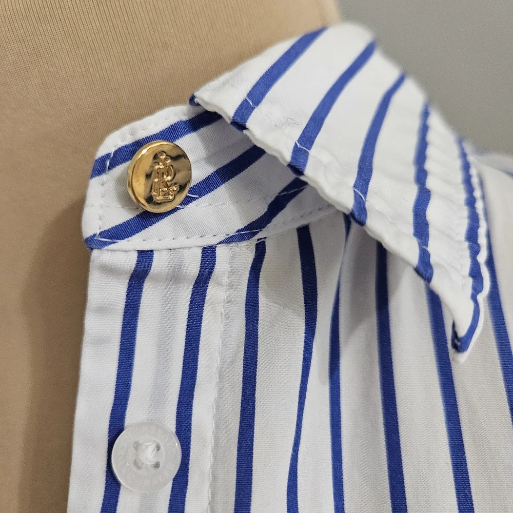 Lauren Ralph Lauren Blue White Stripe Wrap Blouse Short Sleeve XS Summer Resort - Picture 11 of 16